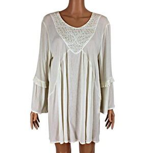 Peasant Top Cottagecore Crinkle Ruffled Bell Sleeves Pearl Bodice Beige Size LG